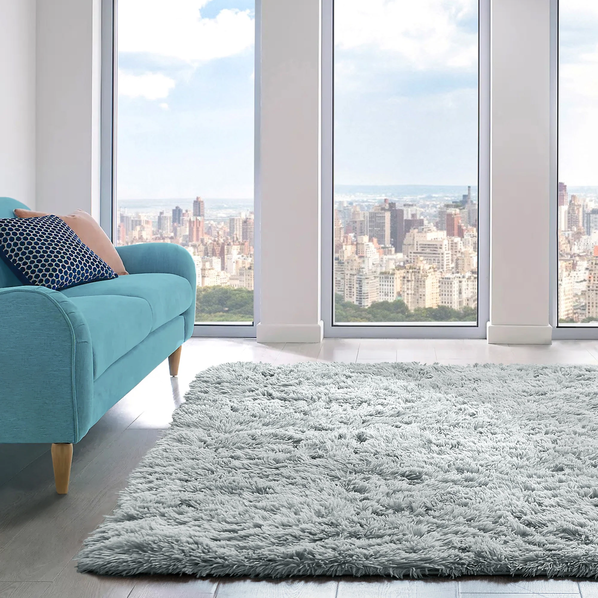 Home Republic Silver Shaggy Anti Slip Sponge Cushioned Area Rug