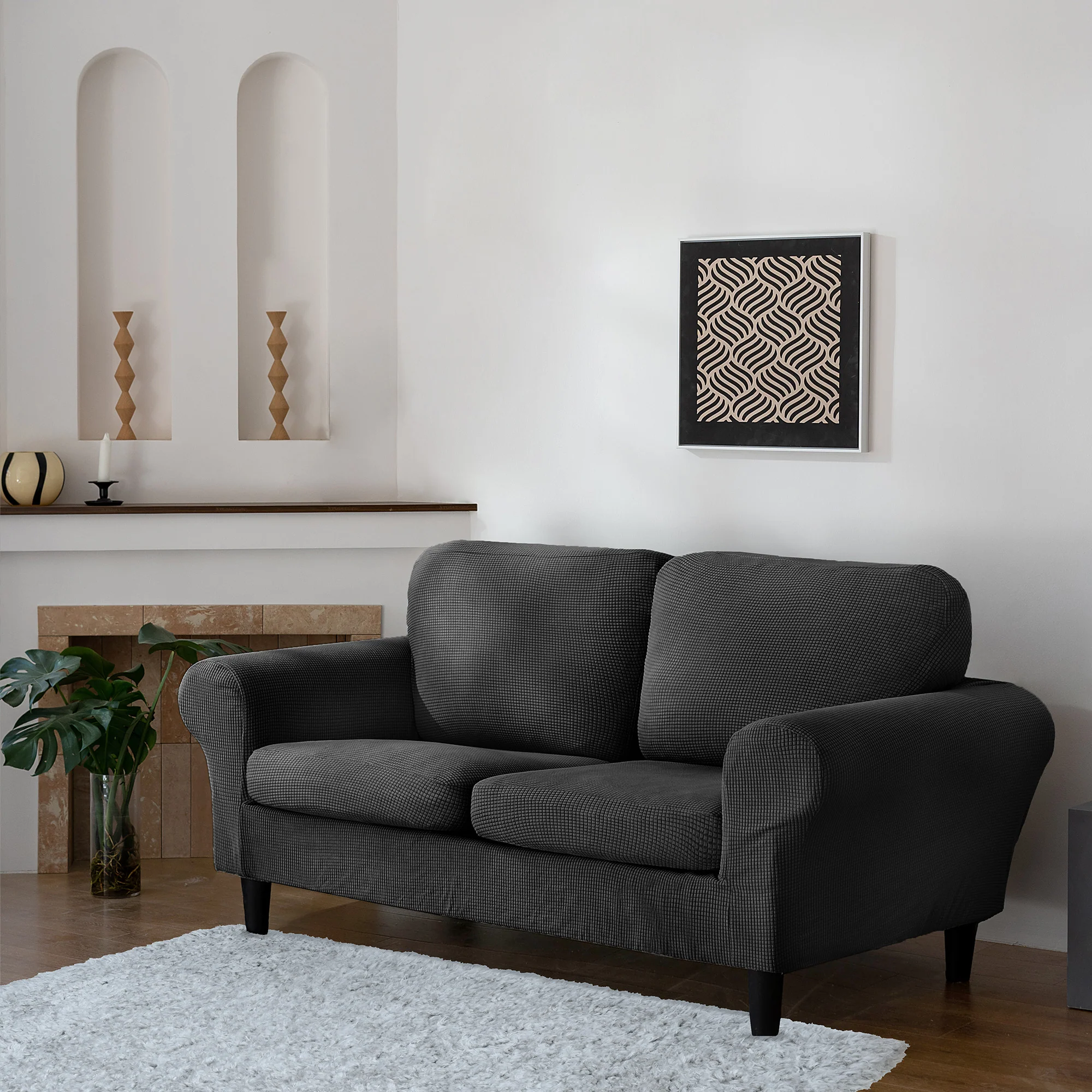 Home Republic Delby Textured Black Luxury Stretch Sofa Slip Cover - Image 3