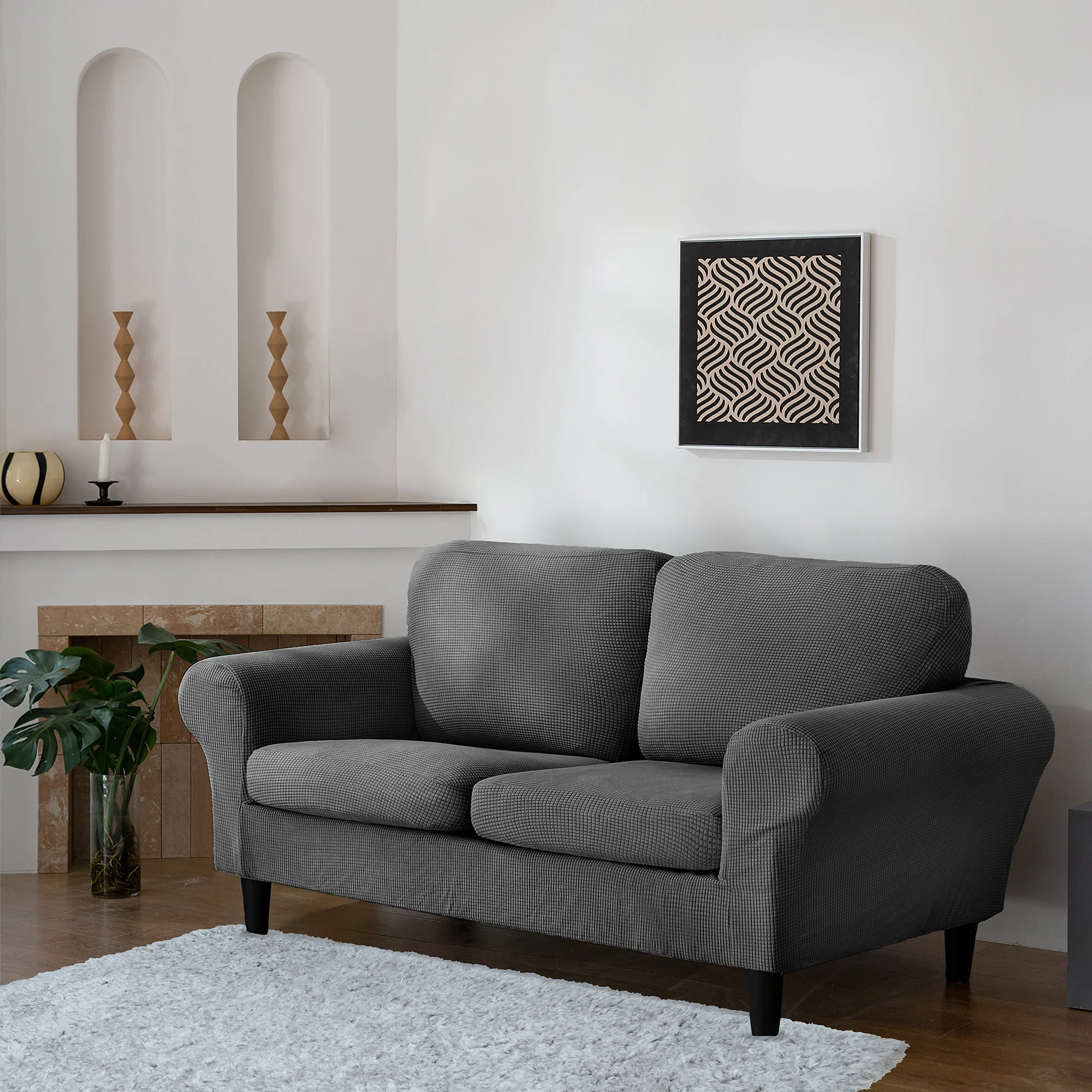 Home Republic Delby Textured Charcoal Grey Luxury Stretch Sofa Slip Cover - Image 2