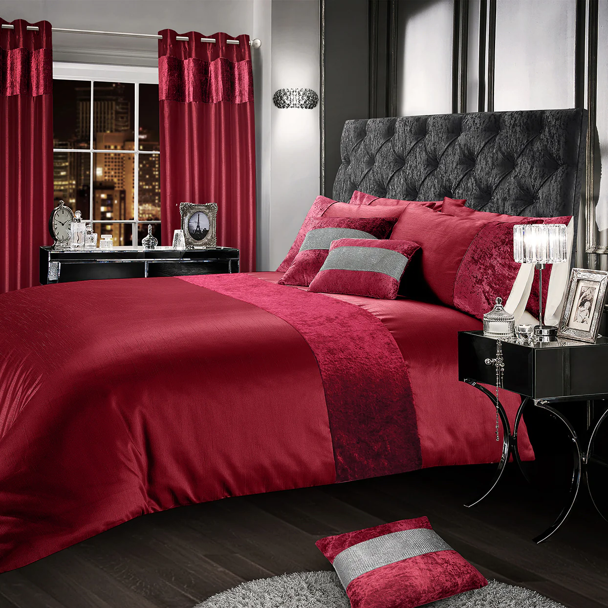Intimates Crushed Velvet Panel Raspberry Duvet Cover & Pillowcase Set