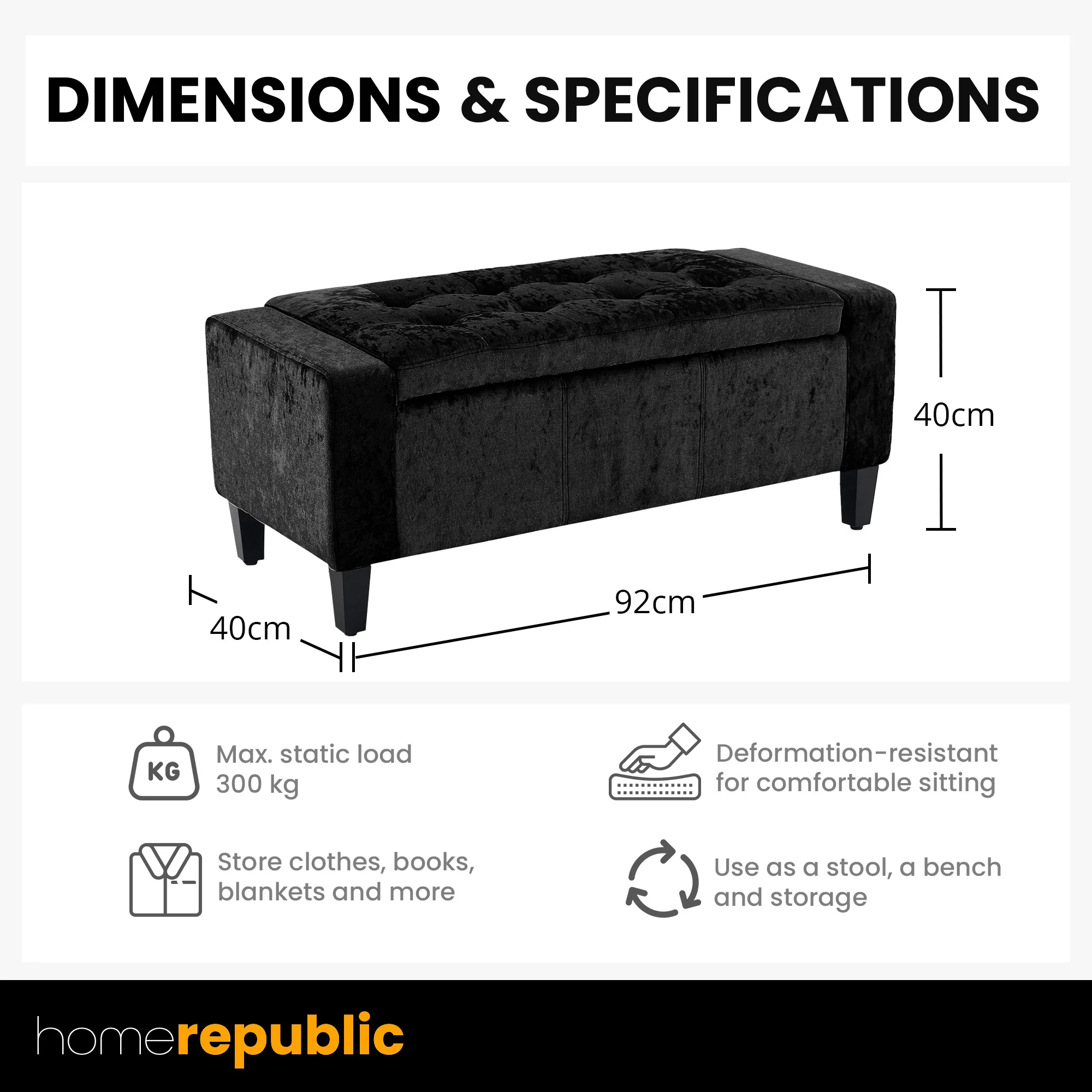Home Republic Crushed Velvet Black Ottoman Storage Bench - Image 7