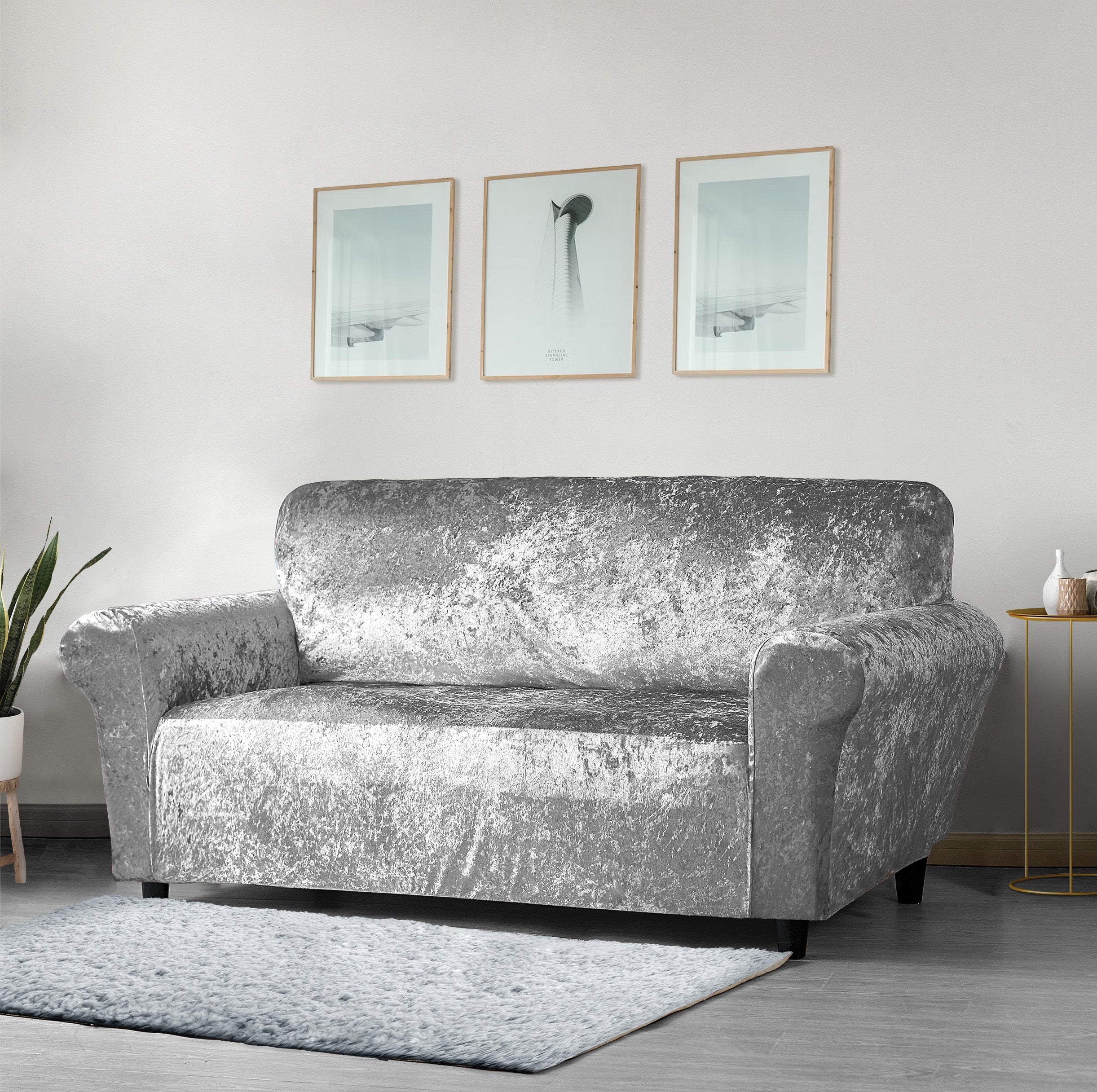 Home Republic Crushed Velvet Silver Luxury Stretch Sofa Slip Cover