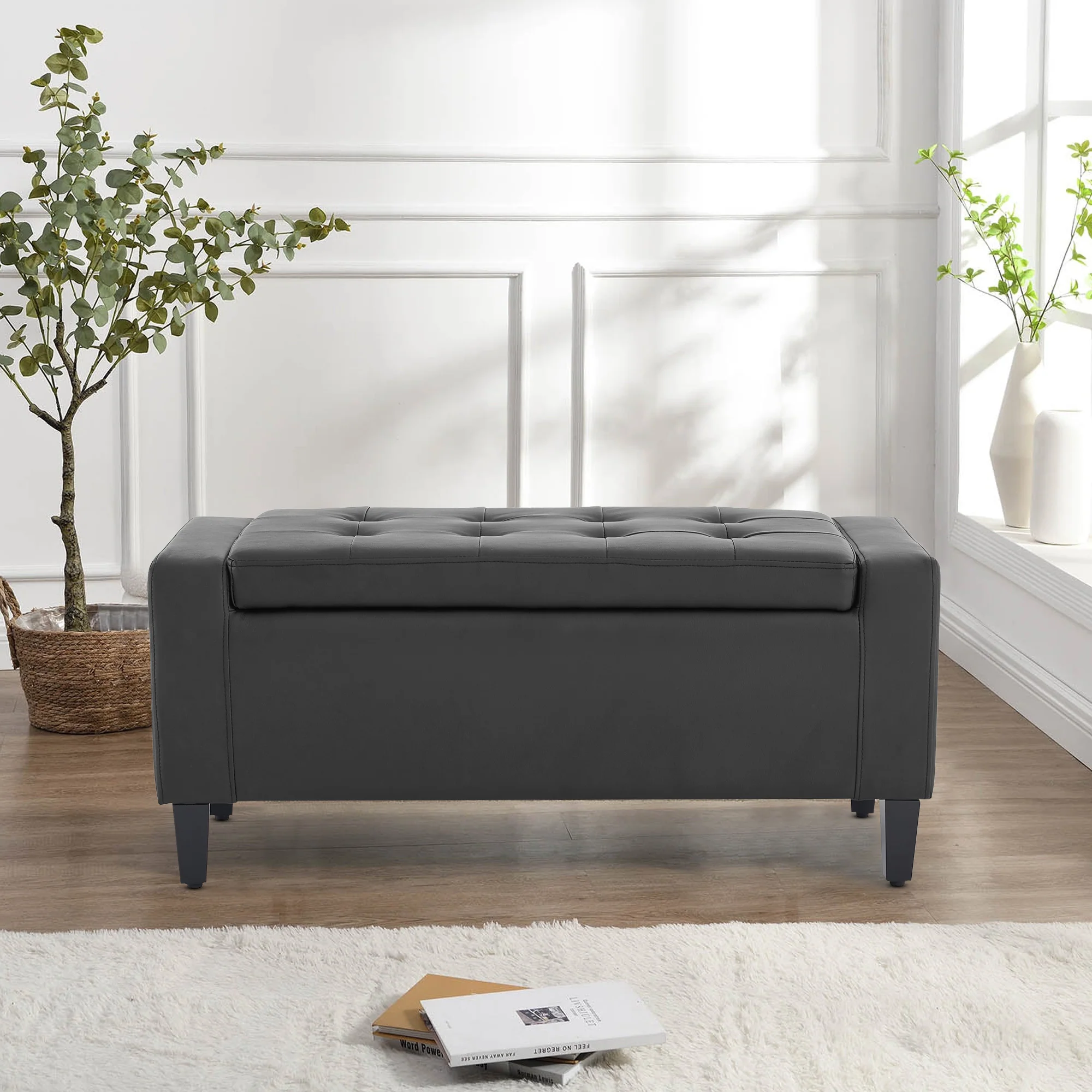 Home Republic Faux Leather Grey Ottoman Storage Bench