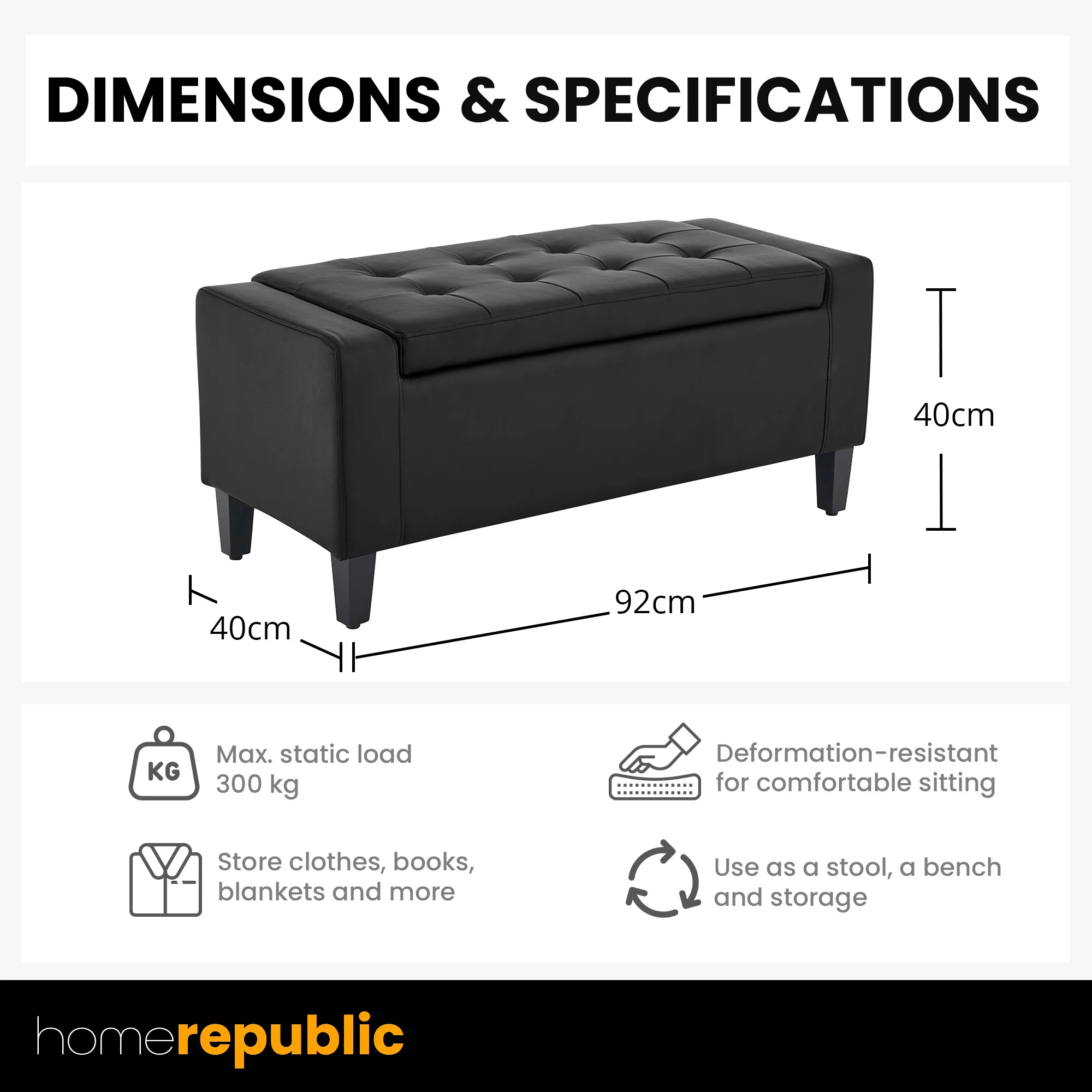 Home Republic Faux Leather Black Ottoman Storage Bench - Image 6
