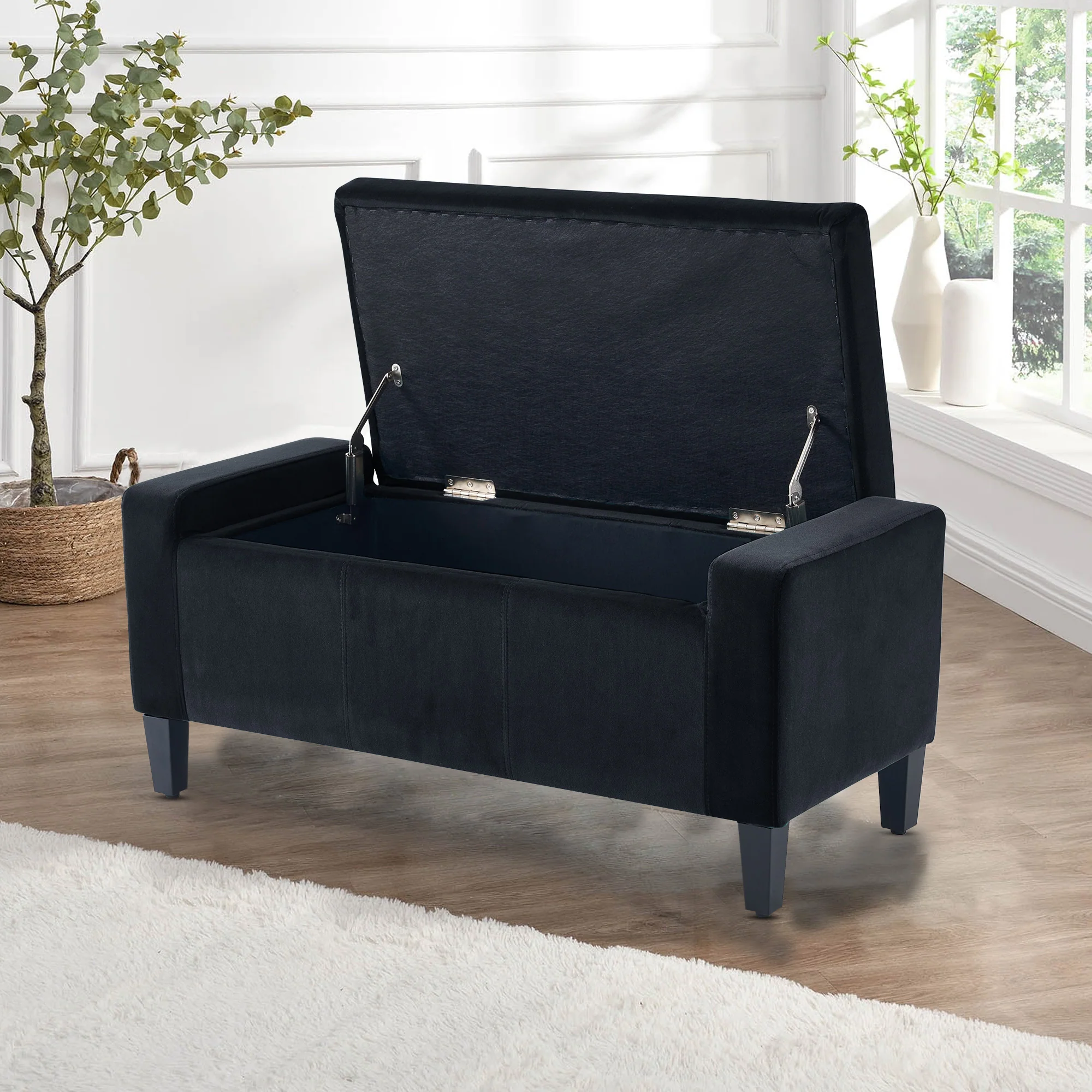 Home Republic Luna Velvet Black Ottoman Storage Bench - Image 2