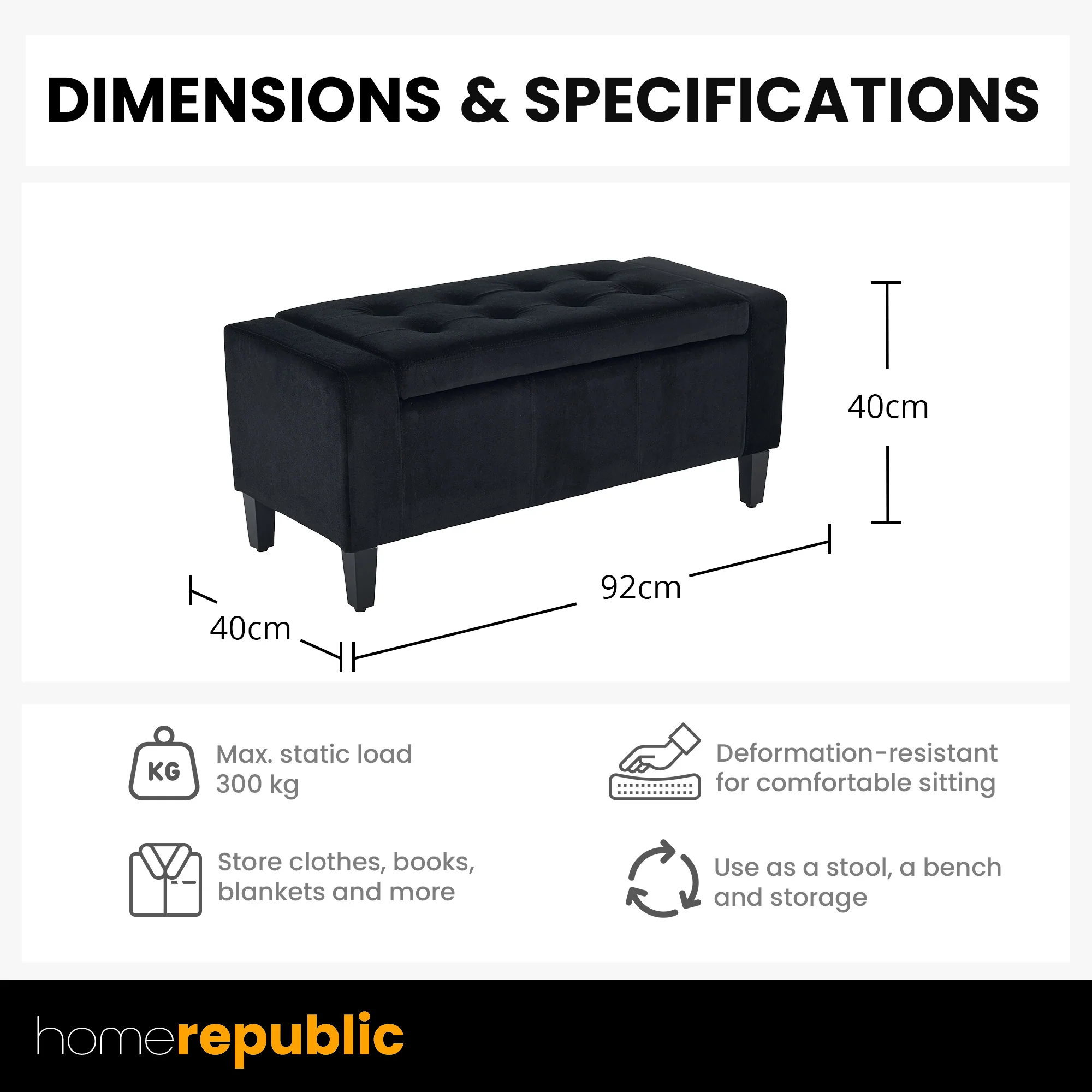 Home Republic Luna Velvet Black Ottoman Storage Bench - Image 6