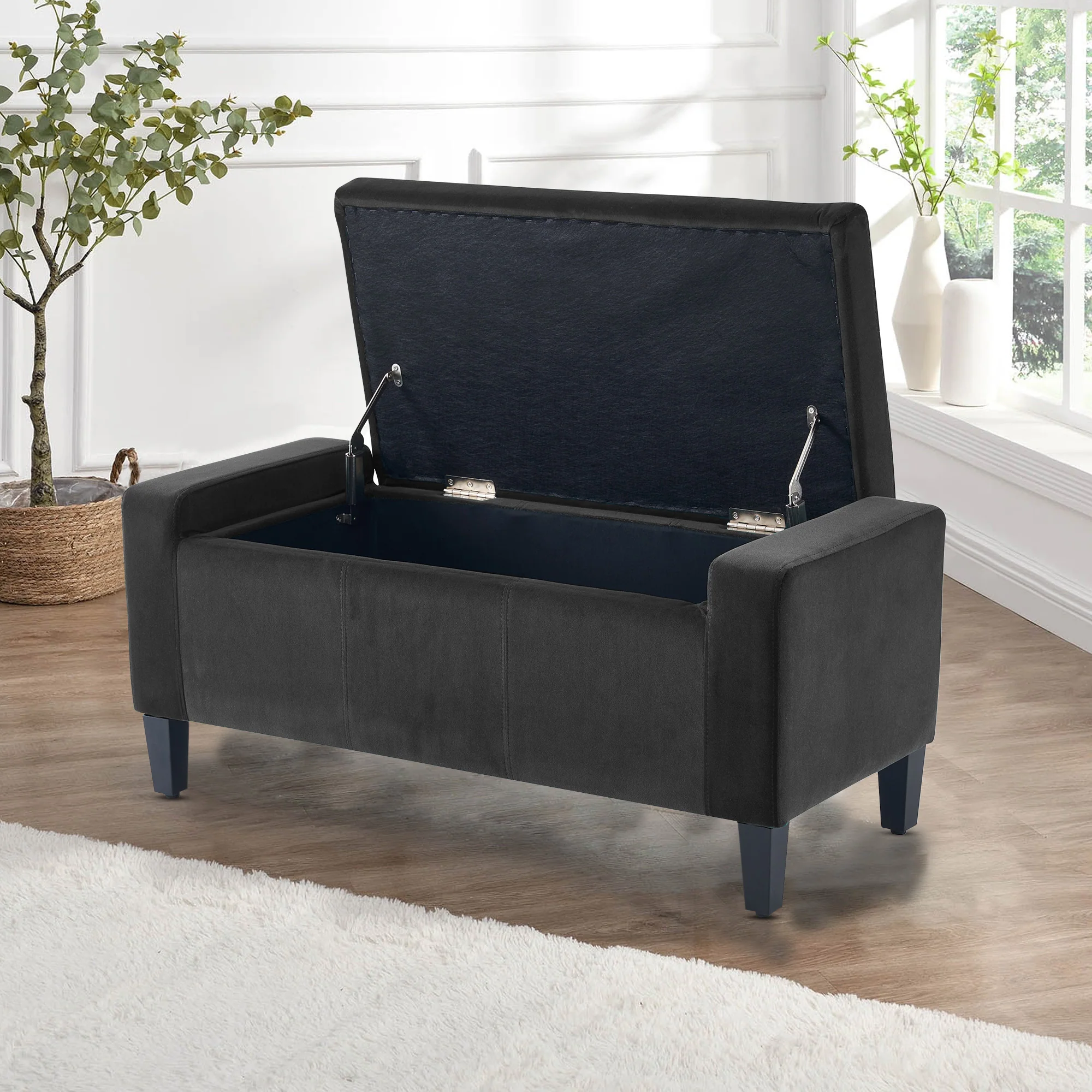 Home Republic Luna Velvet Charcoal Grey Ottoman Storage Bench - Image 2