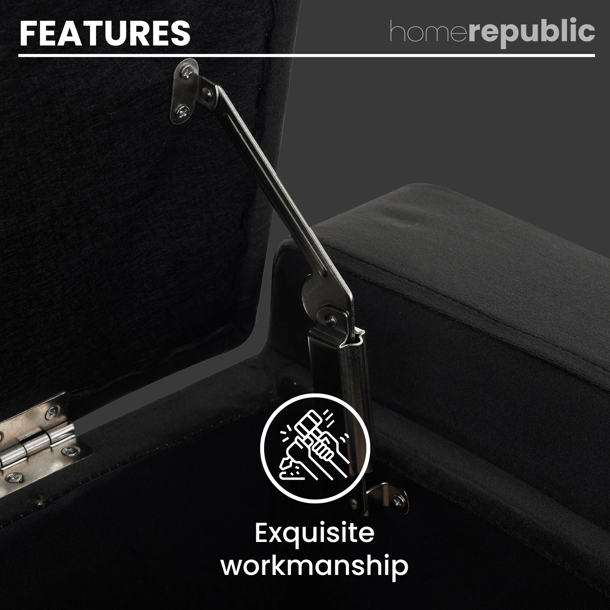 Home Republic Luna Velvet Charcoal Grey Ottoman Storage Bench - Image 5