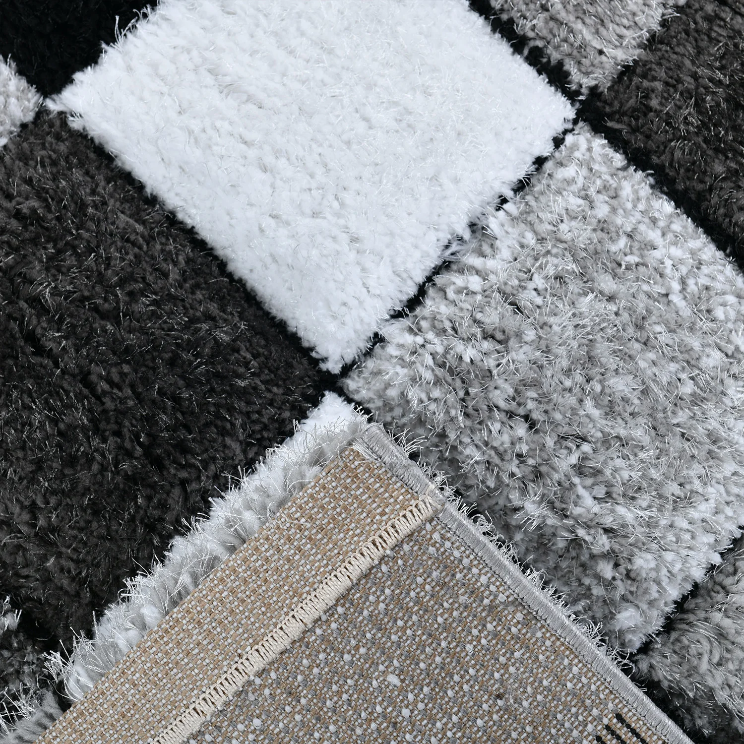 Home Republic Blocks Shaggy 5cm Pile Geometric Blocks Floor Rug - Black - Image 4