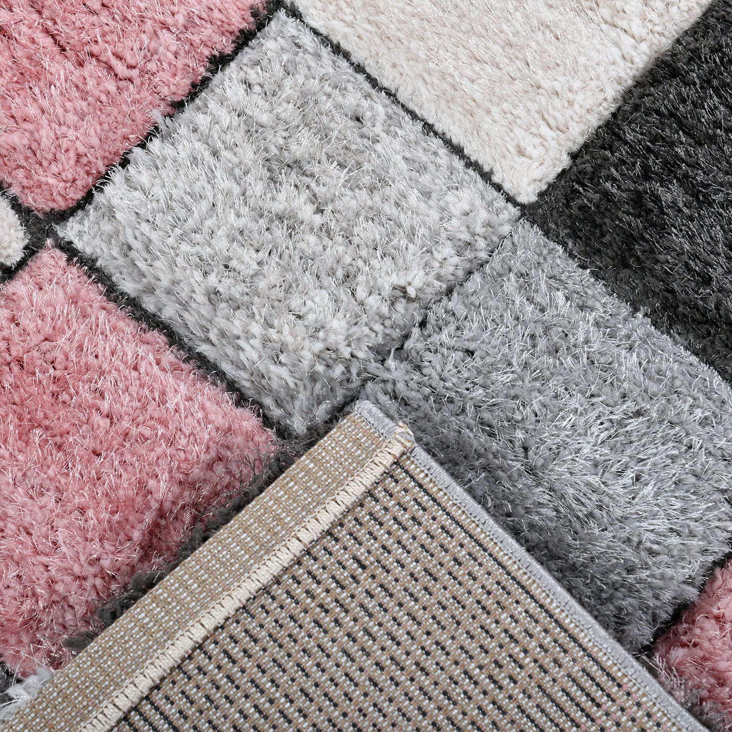 Home Republic Blocks Shaggy 5cm Pile Geometric Blocks Floor Rug - Pink - Image 4