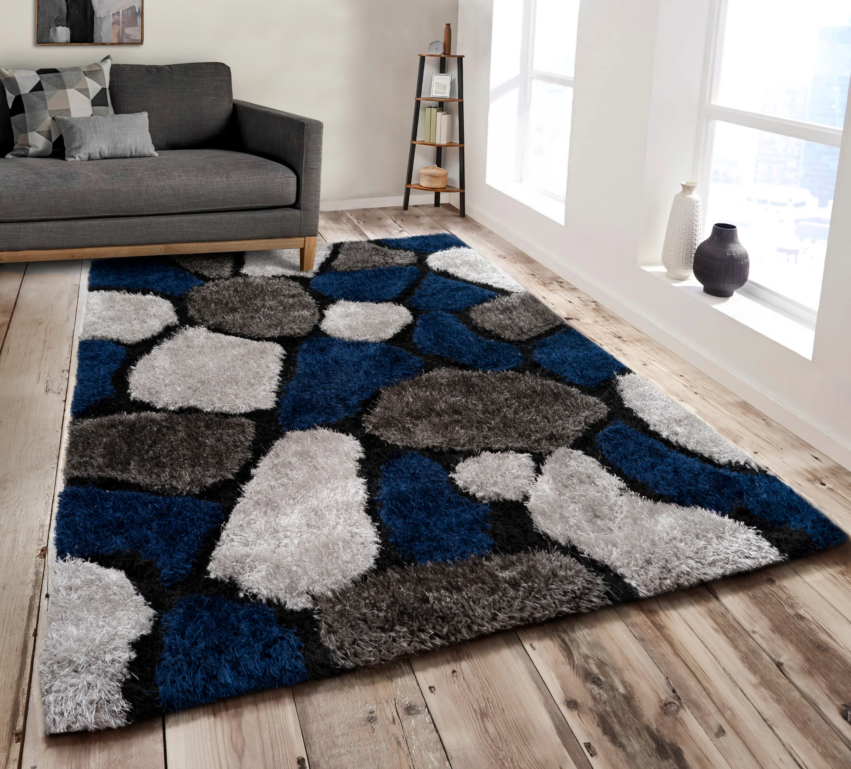 Home Republic Pebbles Navy Blue 3D Carved Shaggy Floor Rug