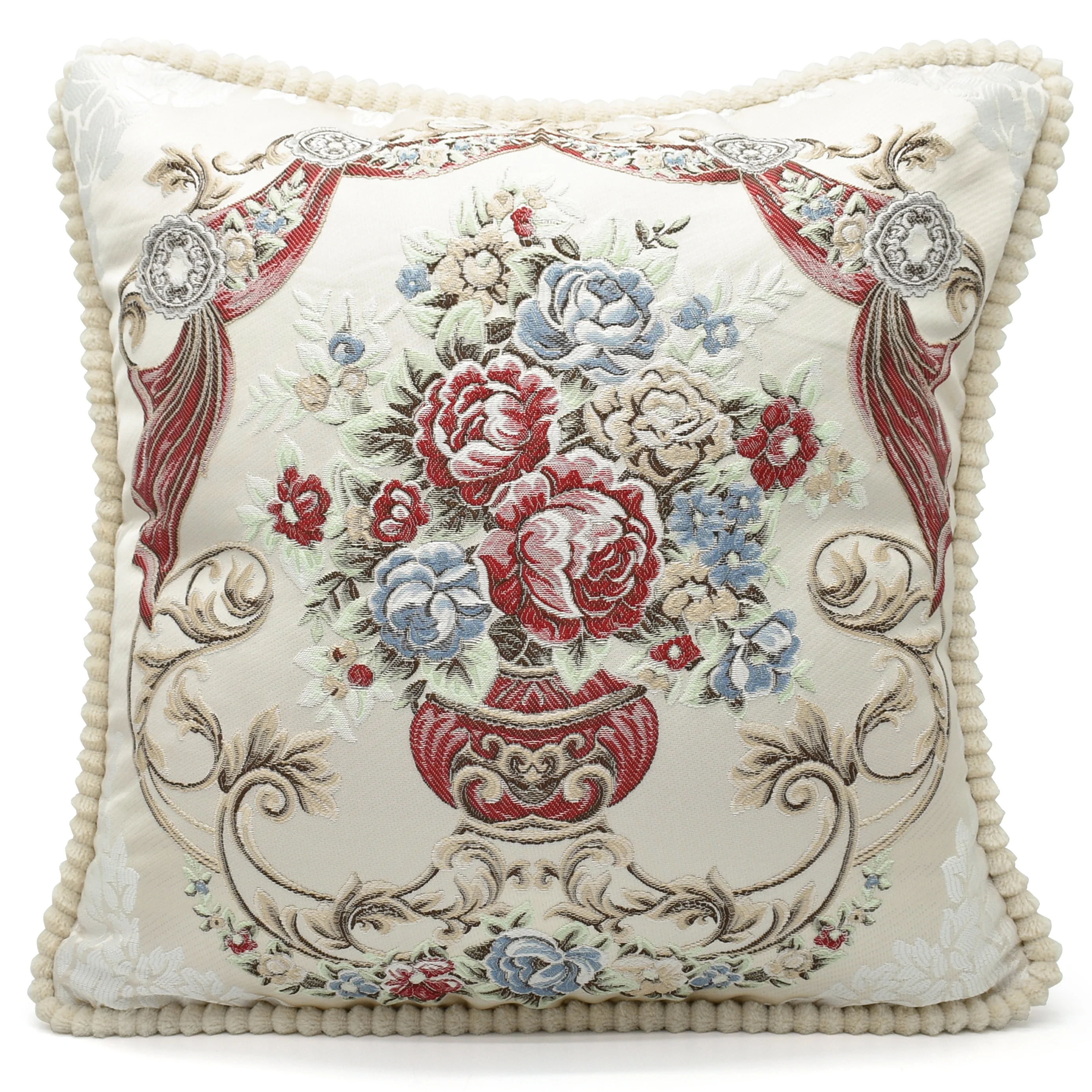 Velosso Jacquard Floral Vase Red Cushion Cover