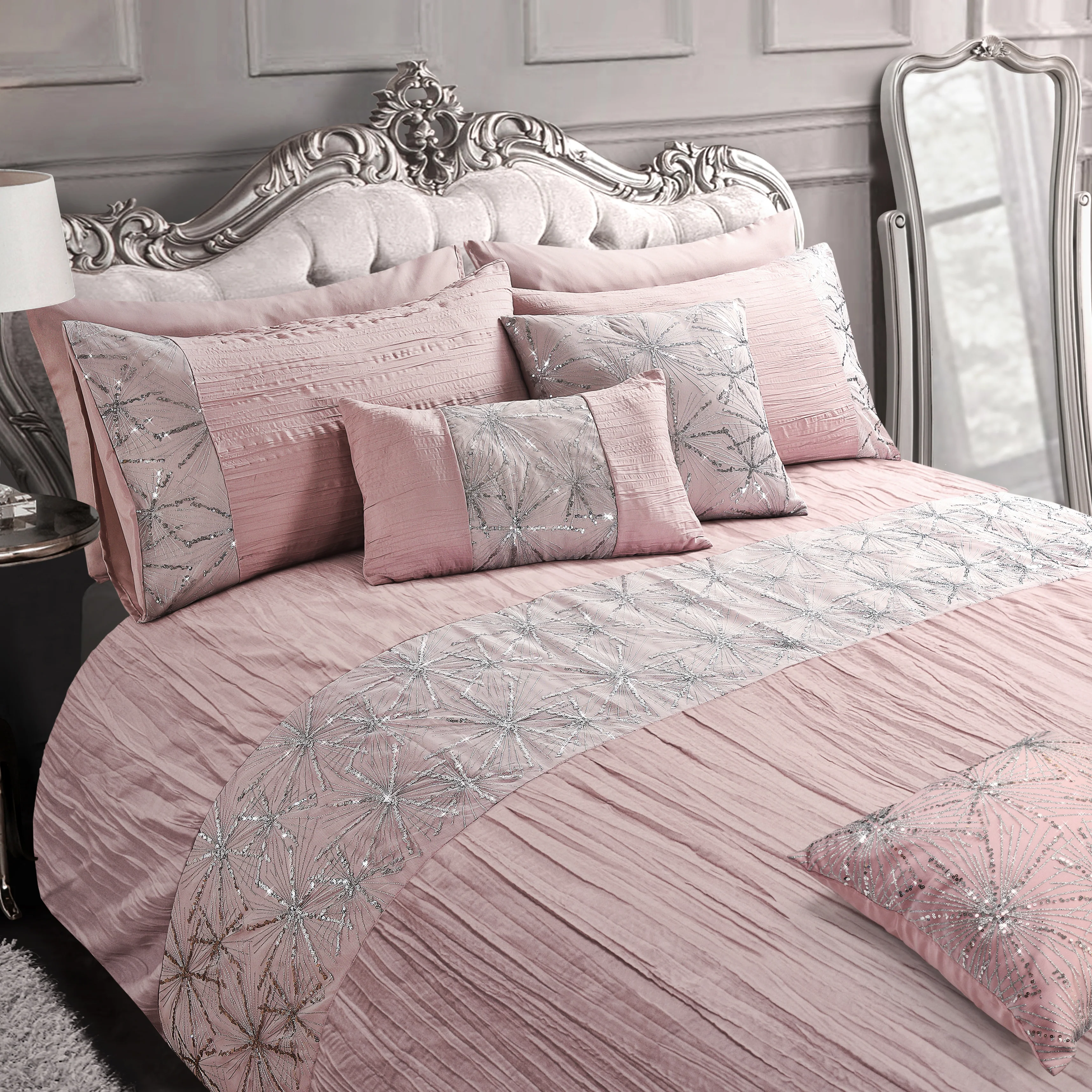 Intimates Marini Crinkle Sequin Pleated Pink Duvet Cover & Pillowcase Set