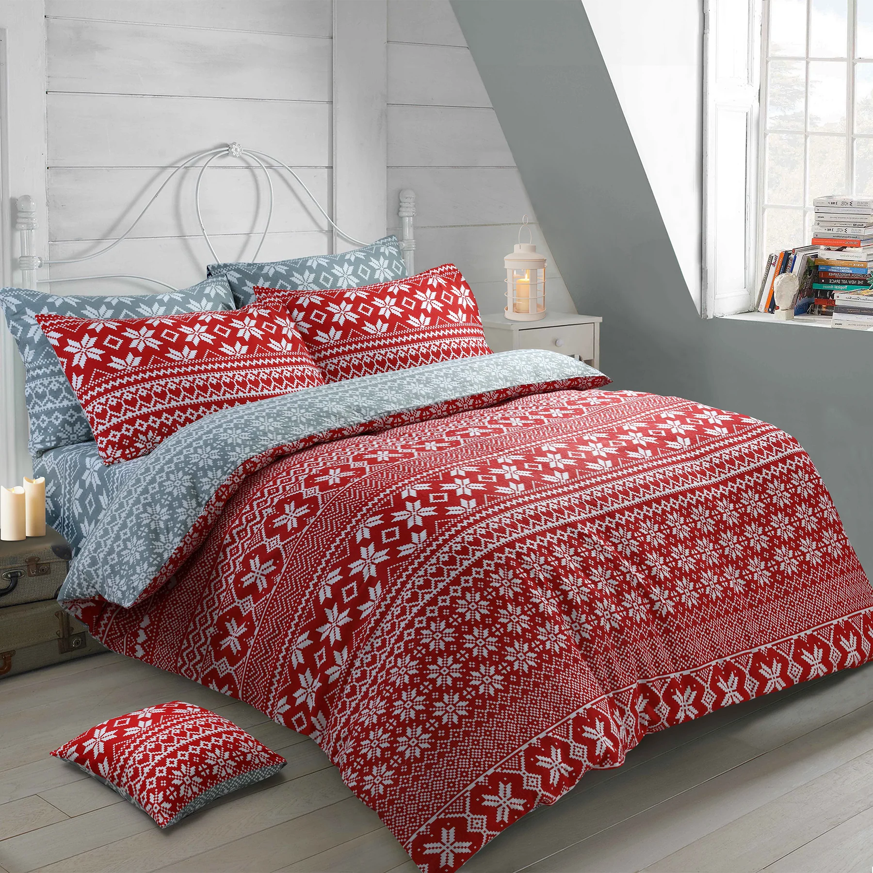 Velosso Nordic Flannelette Reversible Red Duvet Cover & Pillowcase Set