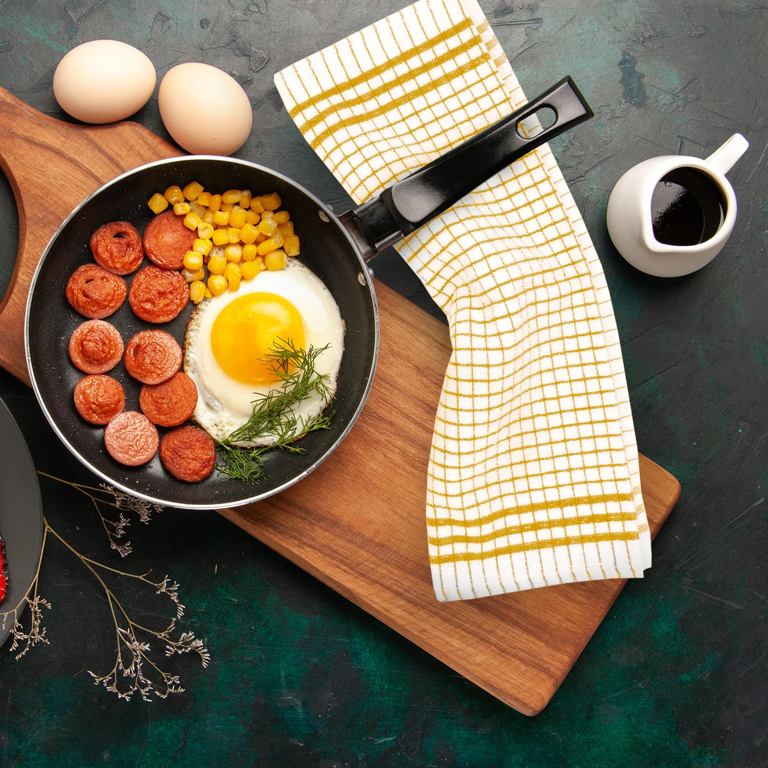 Shaws Large Woven Ochre Yellow Checked Tea Towel - Image 4
