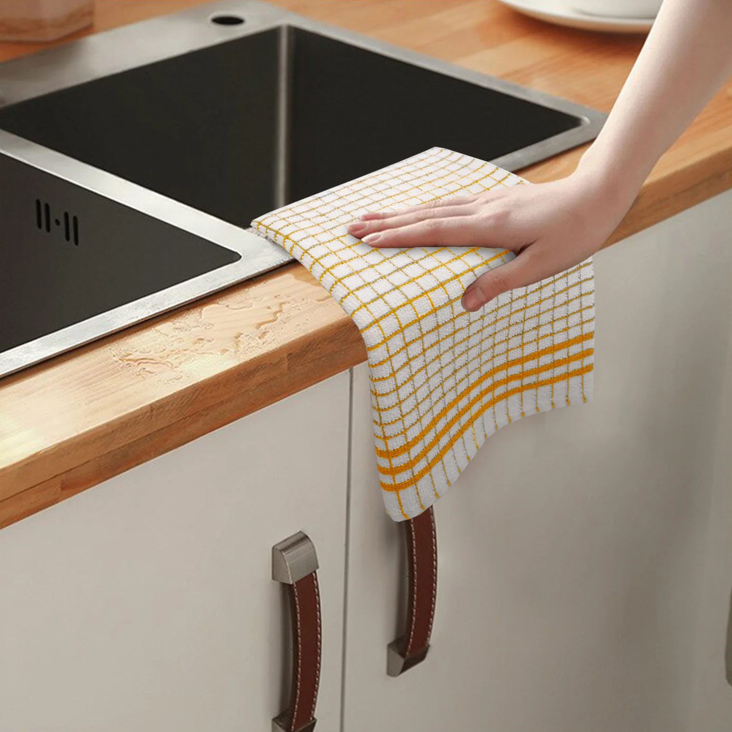 Shaws Large Woven Ochre Yellow Checked Tea Towel - Image 5