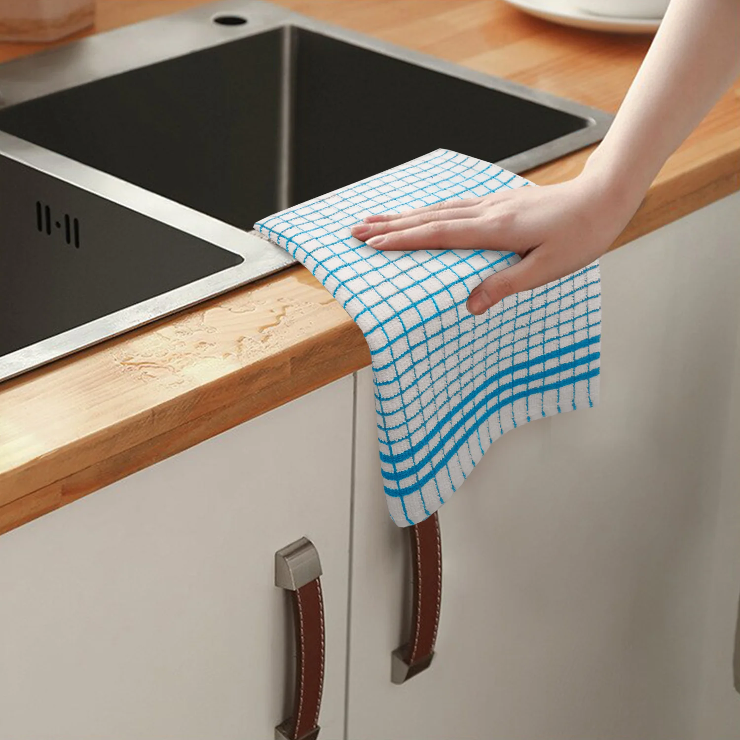 Shaws Large Woven Teal Checked Tea Towel - Image 5