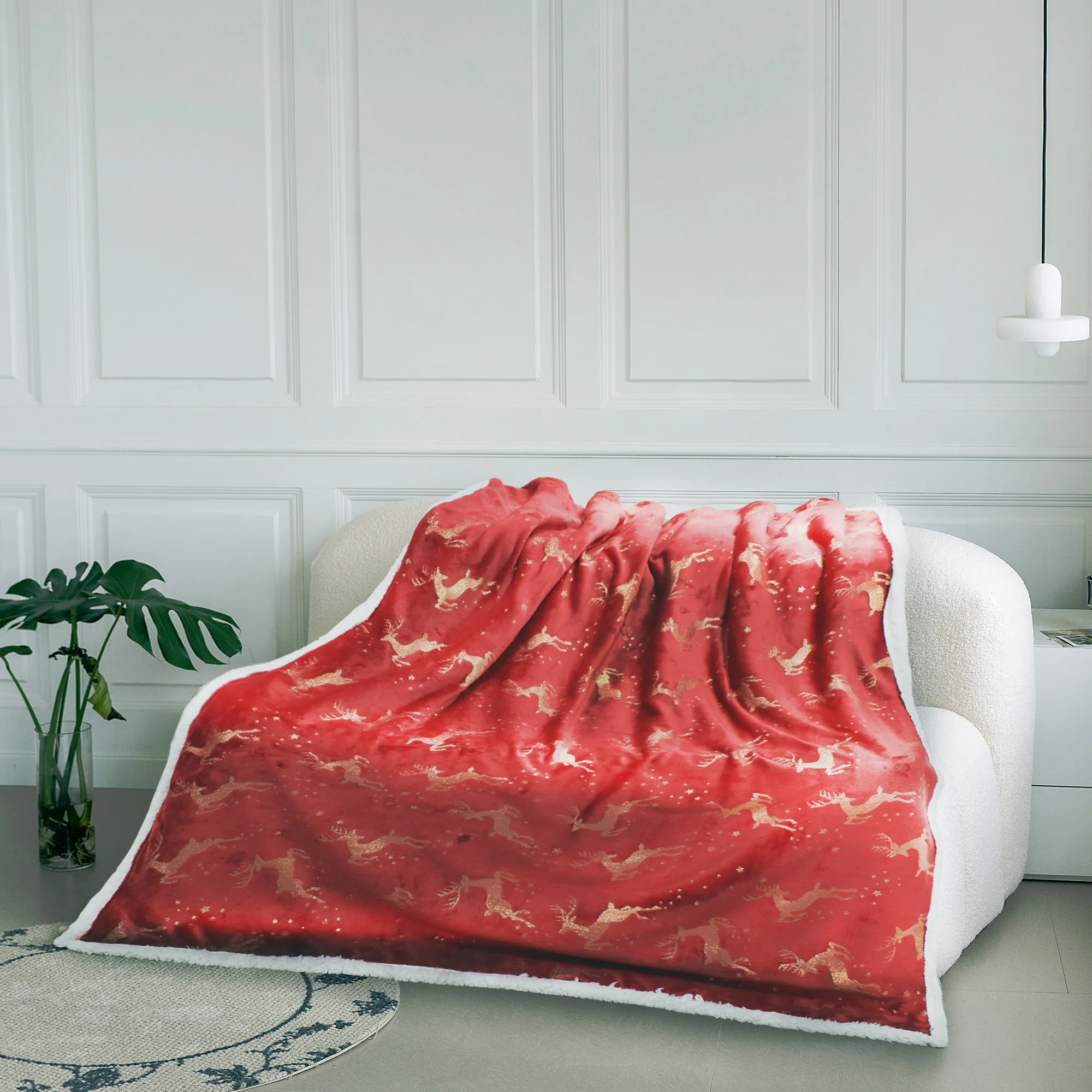 Velosso Dancing Stag Shimmering Velvet Sherpa Blanket - Red - Image 3