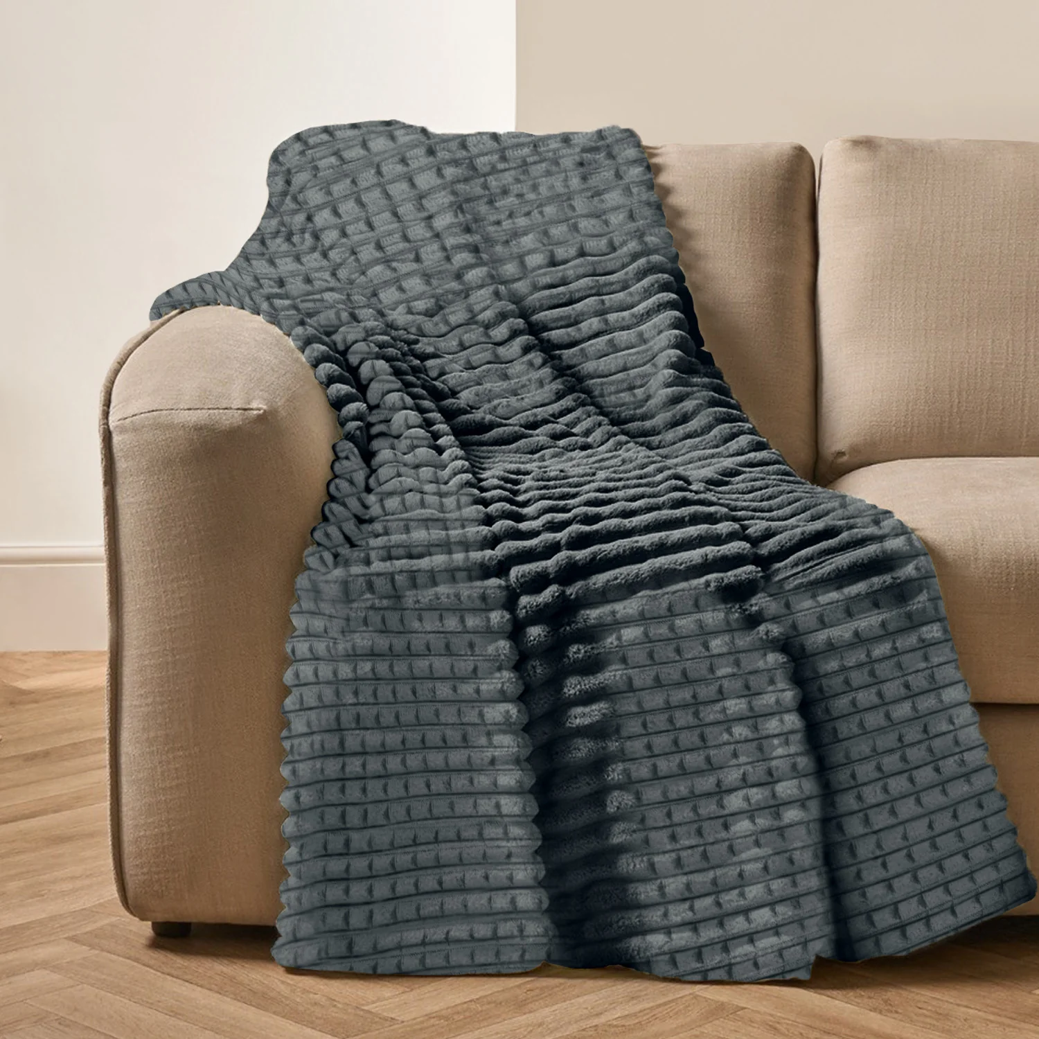 Velosso Super Chunky Waffle Plush Soft Blanket - Charcoal - Image 3