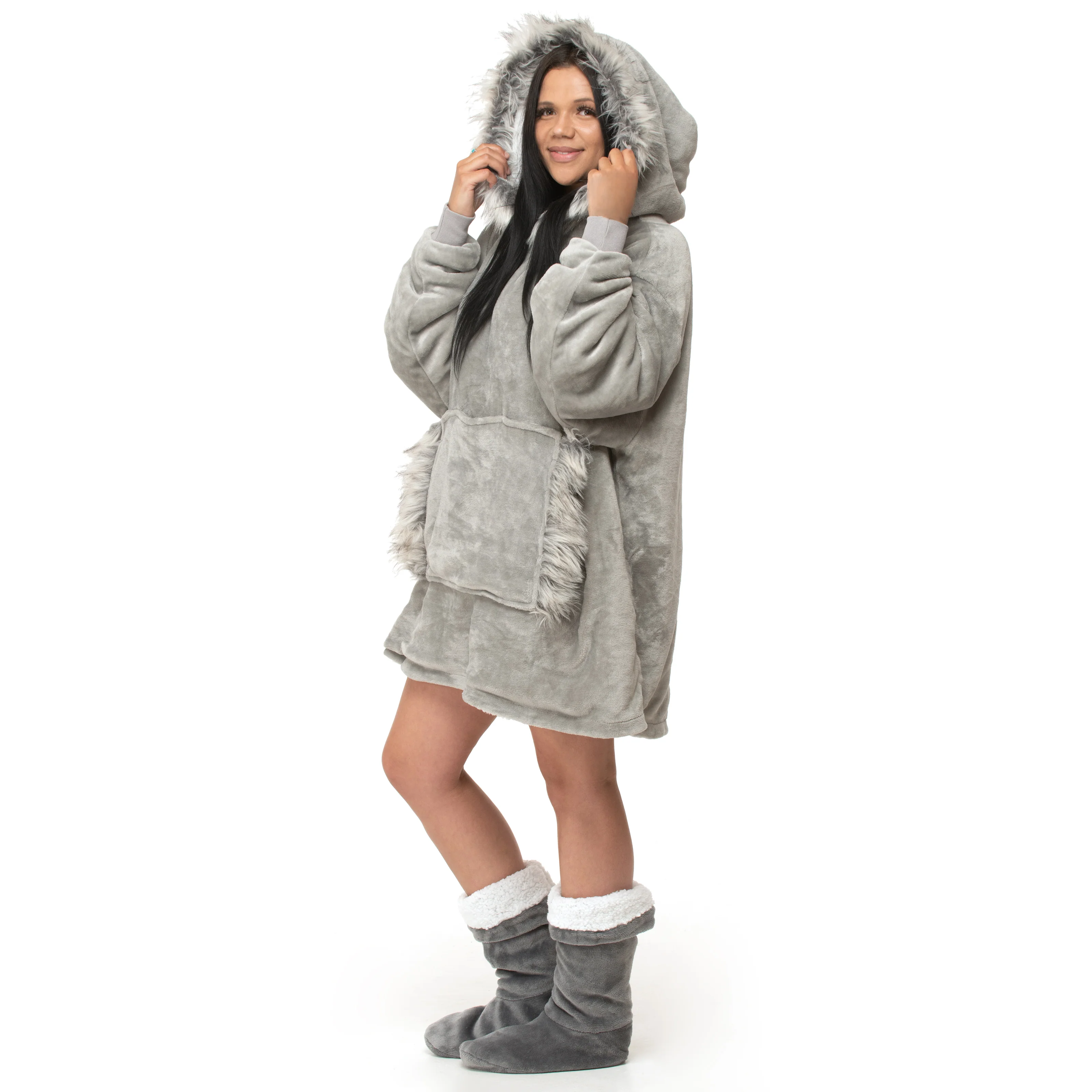 Velosso Grey Fur Trim Oversized Hoodie