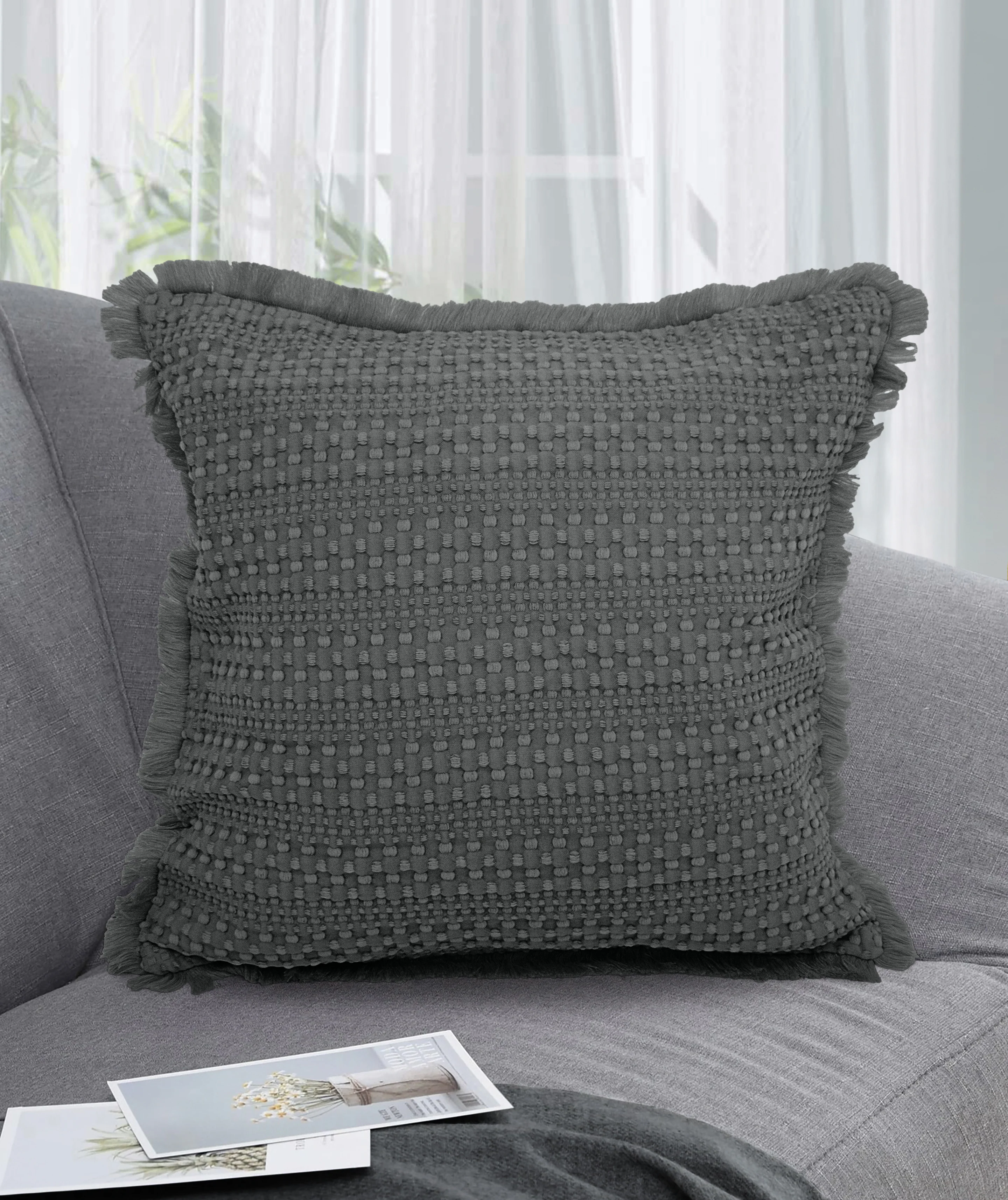 Velosso Luxury Waffle Fringed Shabby Chic 43cm x 43cm Cushion Cover - Charcoal - Image 3
