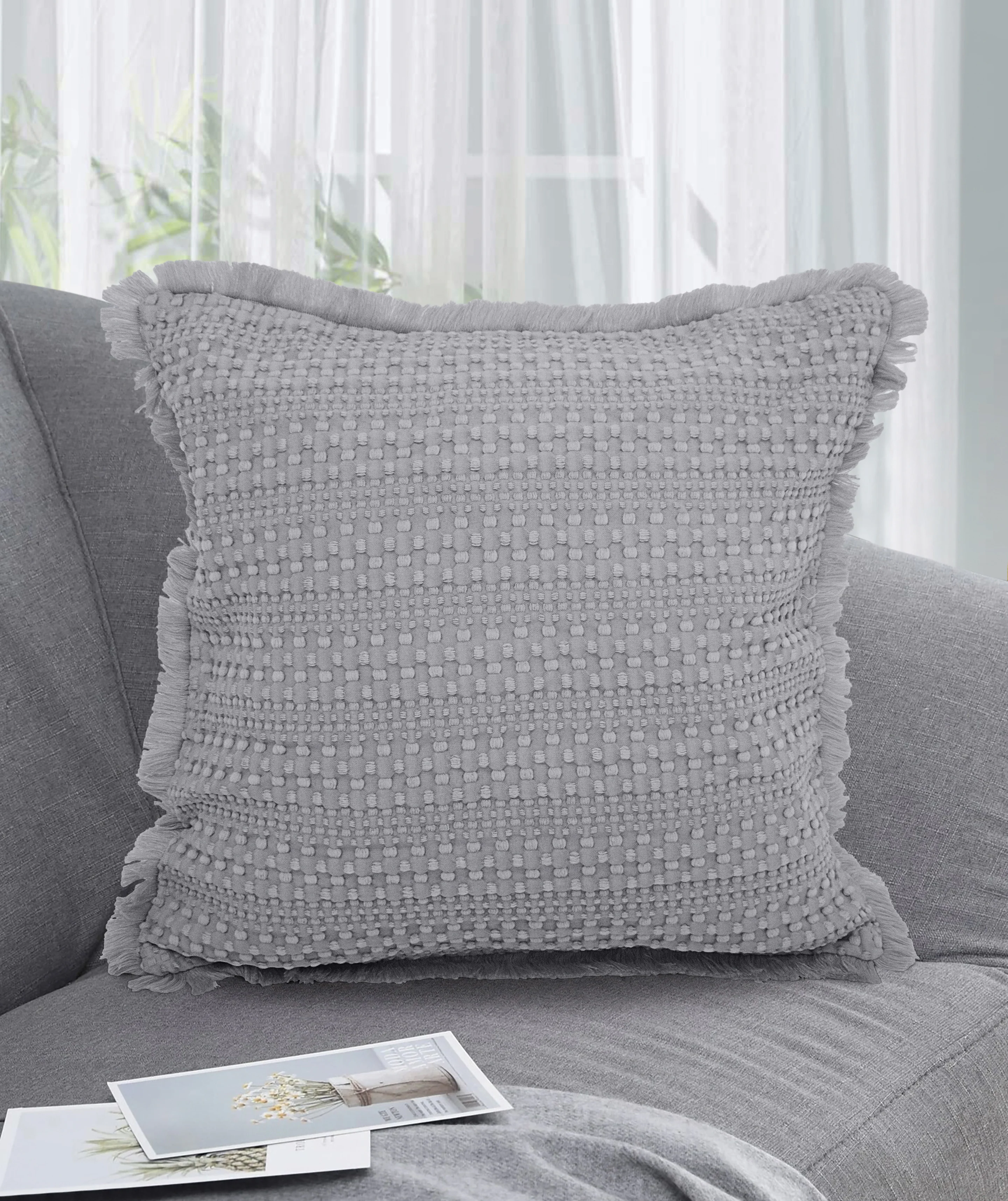 Velosso Luxury Waffle Fringed Shabby Chic 43cm x 43cm Cushion Cover - Grey - Image 3