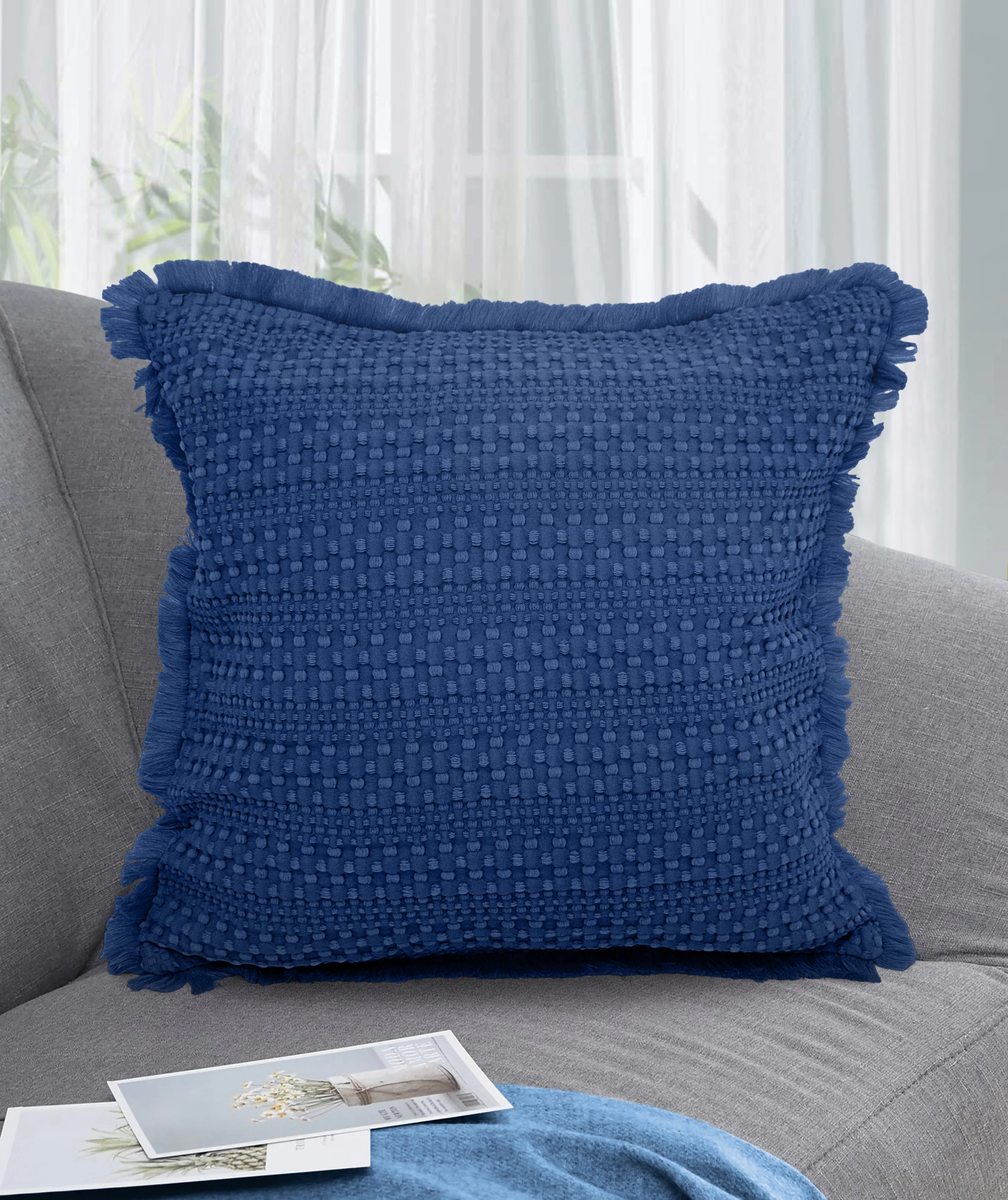 Velosso Luxury Waffle Fringed Shabby Chic 43cm x 43cm Cushion Cover - Navy - Image 3