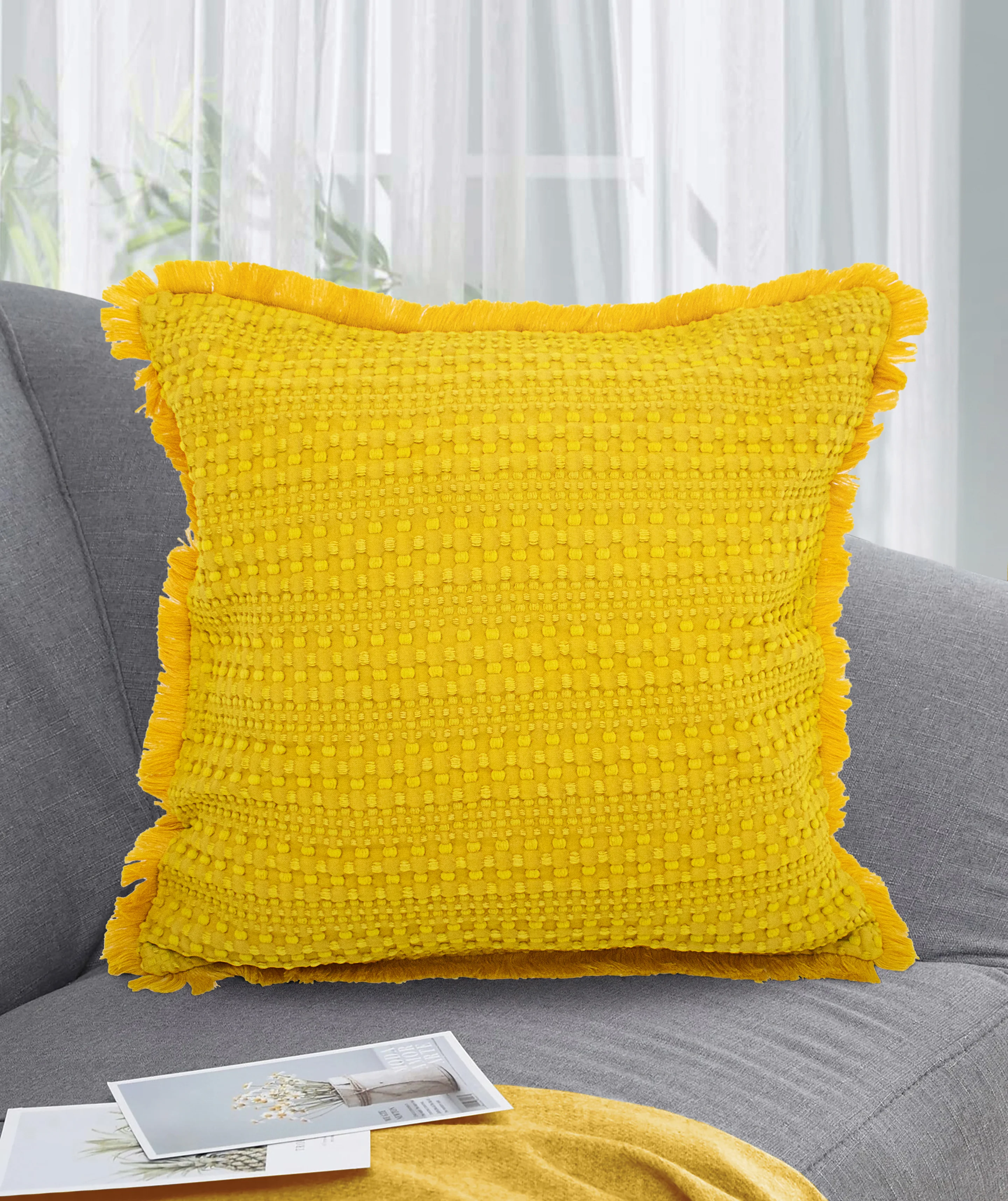 Velosso Luxury Waffle Fringed Shabby Chic 43cm x 43cm Cushion Cover - Ochre - Image 3