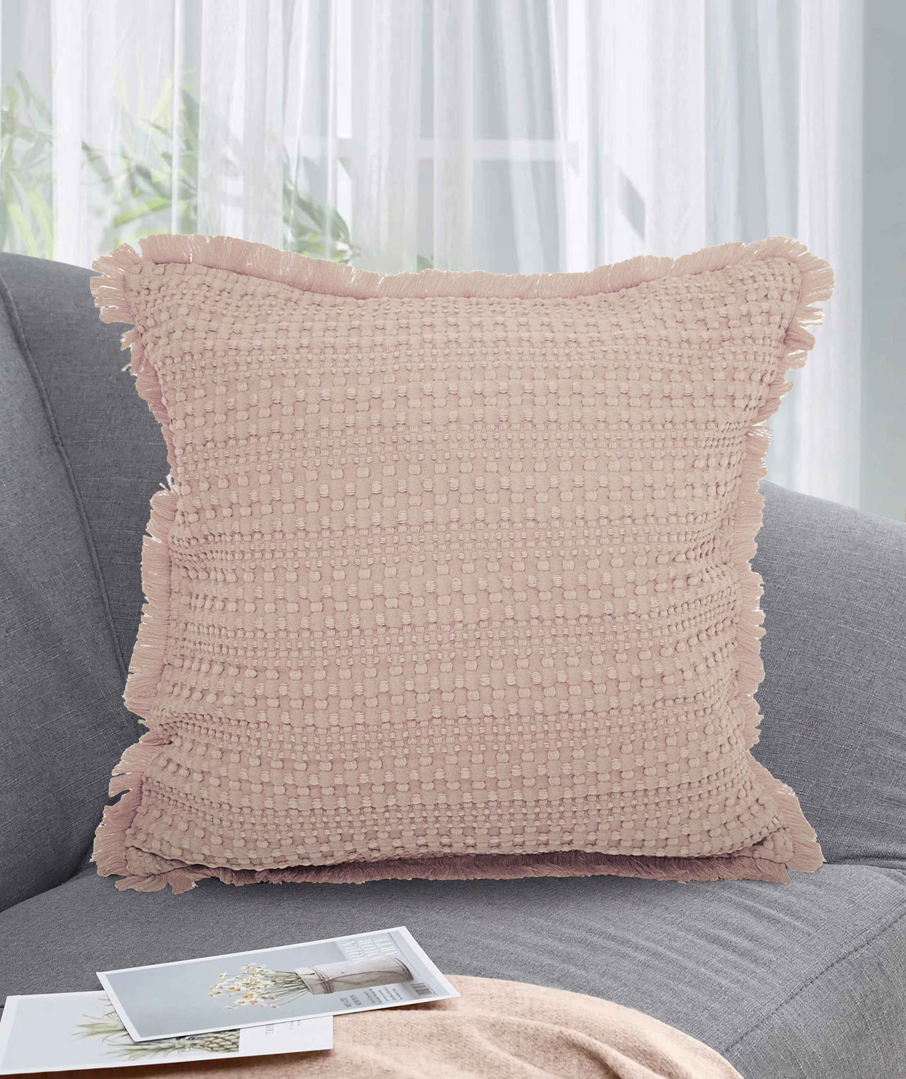 Velosso Luxury Waffle Fringed Shabby Chic 43cm x 43cm Cushion Cover - Pink - Image 3