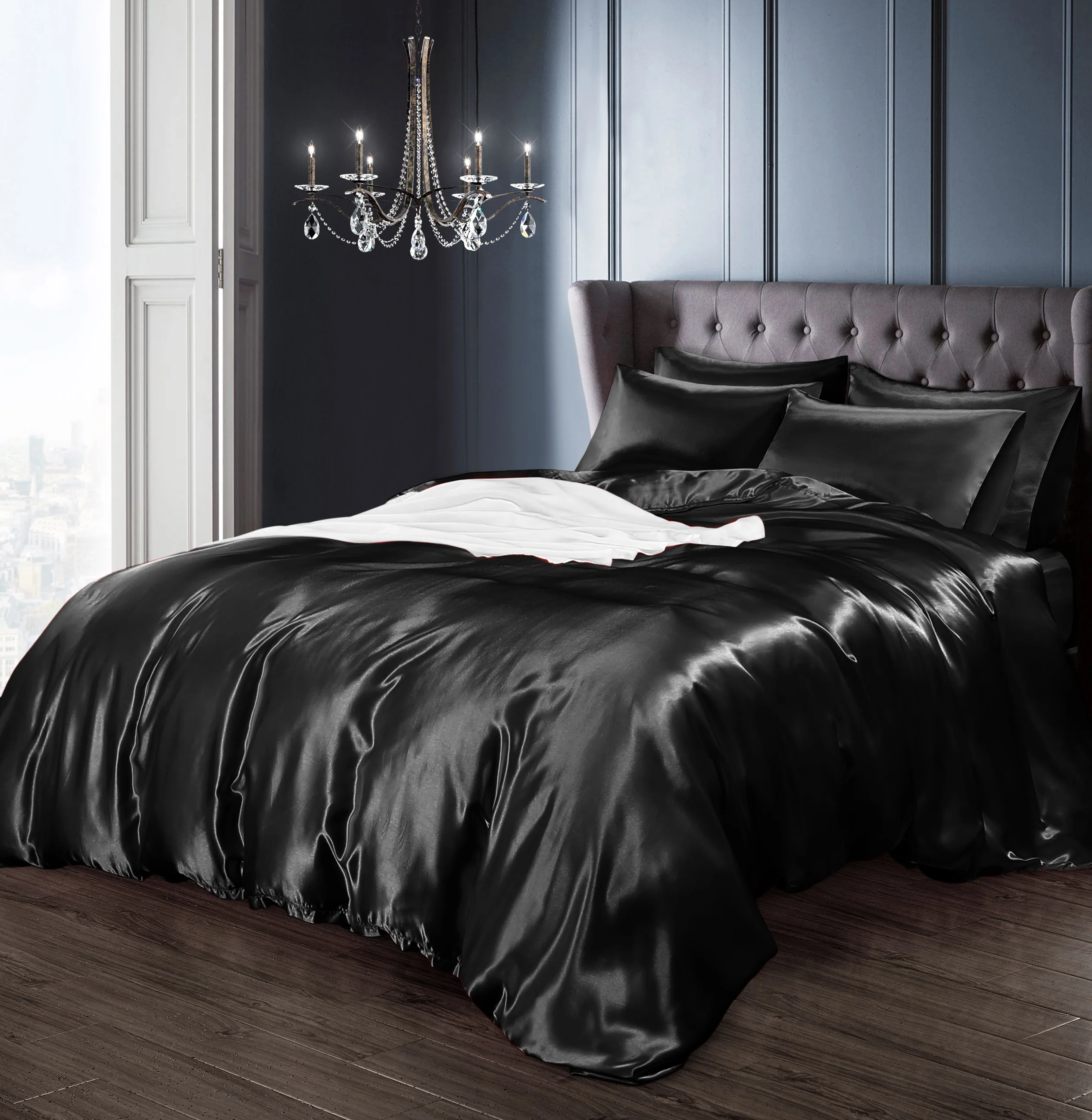 Velosso Satin Reversible Black Duvet Cover, Pillowcase & Fitted Sheet Set