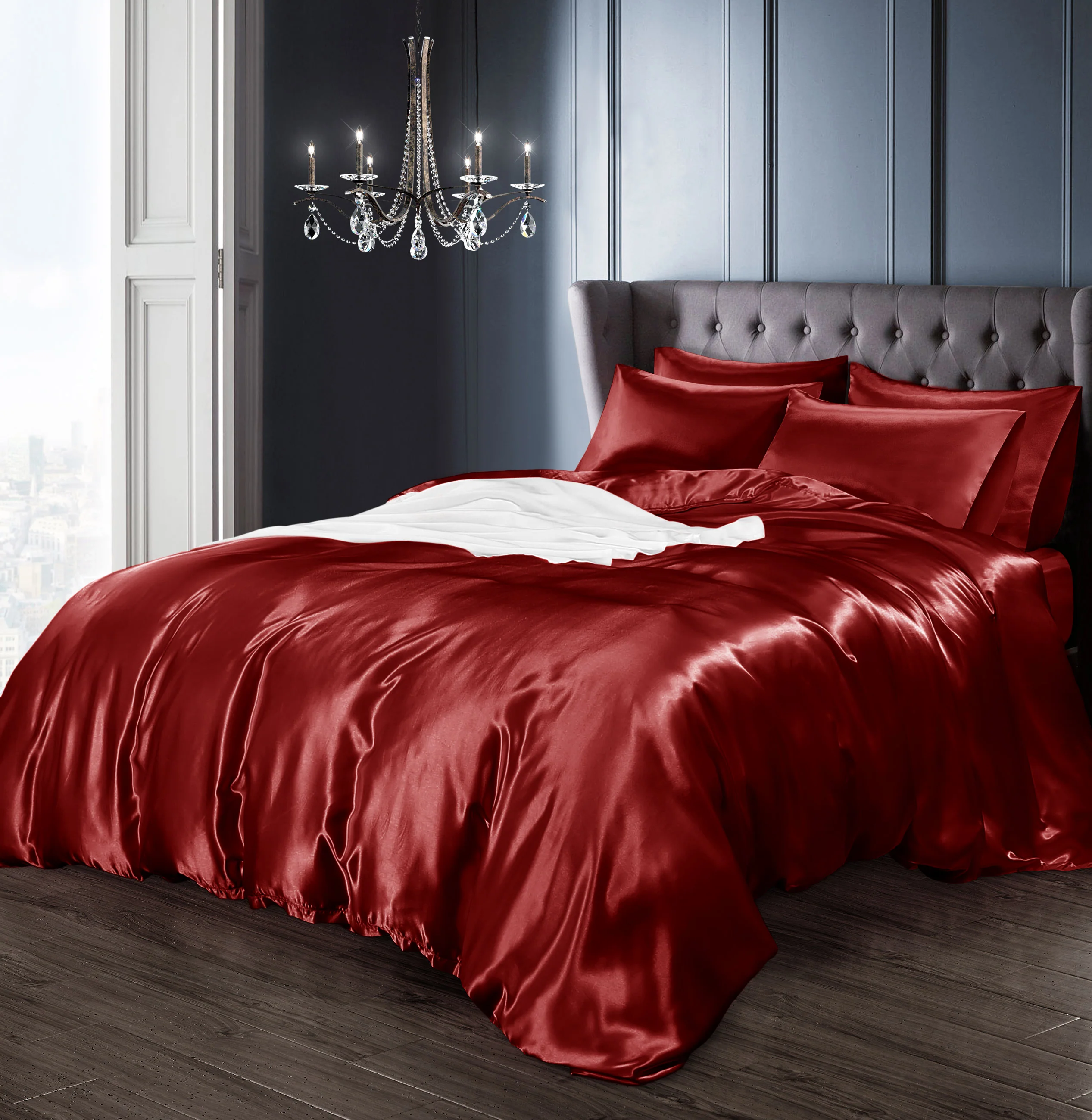 Velosso Satin Red Reversible Duvet Cover Pillowcase & Fitted Sheet 6 Piece Bedding Set
