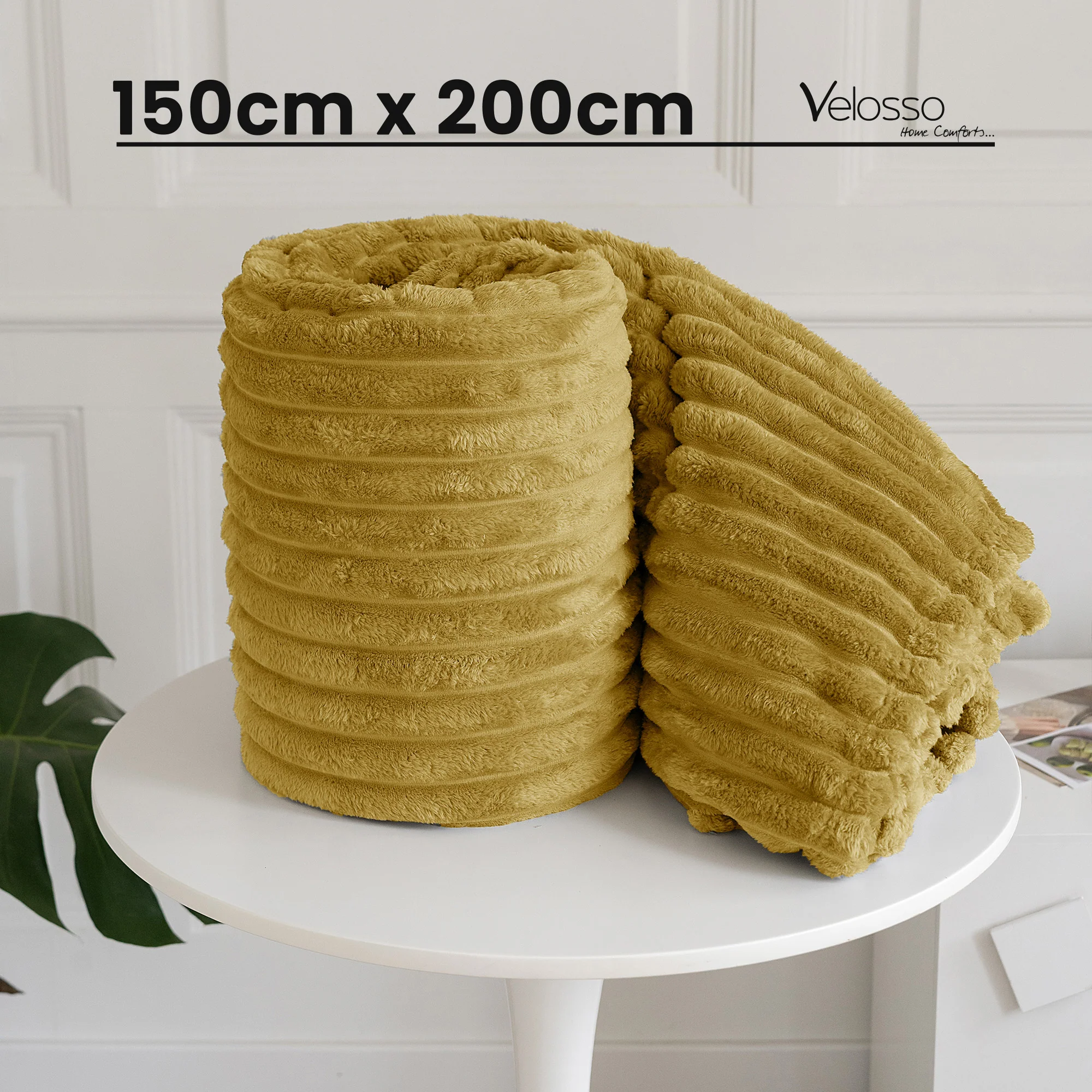 Velosso Ochre Yellow Super Chunky Cord Faux Mink Blanket - Image 5