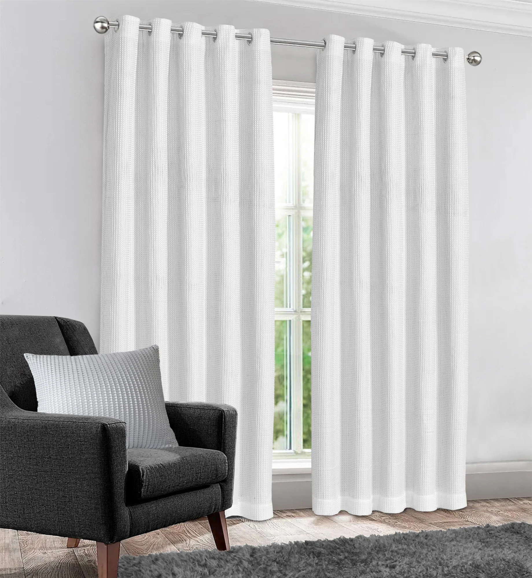 Velosso Waffle Weave White Total Blackout Jacquard Eyelet Header Curtains - Image 2