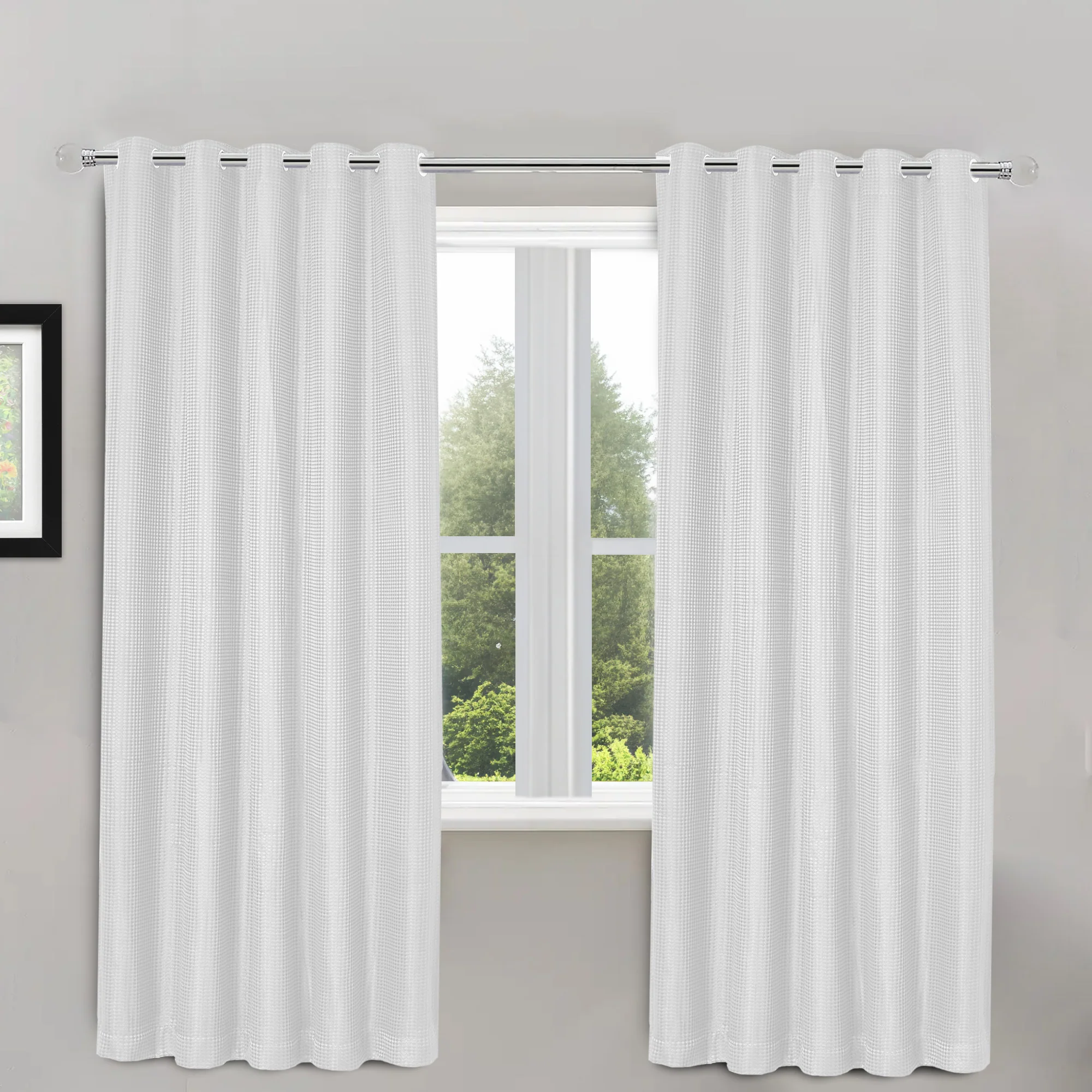 Velosso Waffle Weave White Total Blackout Jacquard Eyelet Header Curtains - Image 3